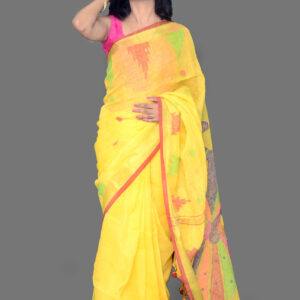 YELLOW PEACOCK LINEN JAMDANI SAREE