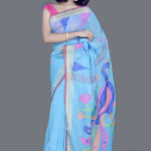 SKY BLUE PEACOCK LINEN JAMDANI SAREE